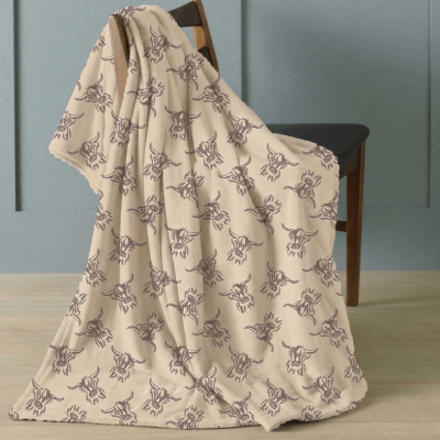 Highland Cow Design Fleece Blanket Throws 120x150cm - Natural