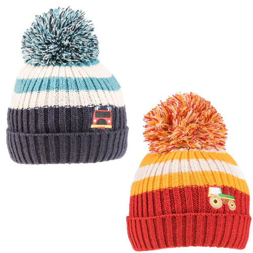 Boys Tractor & Fire Engine Logo Knitted Bobble Hat