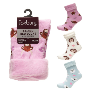 Ladies Cute Animals Design Brushed Bed Socks With Gripper