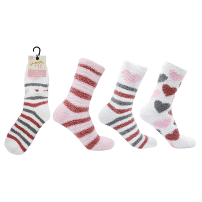 Ladies Snuggle Toes 3 Pack Cosy Socks Hearts & Stripes