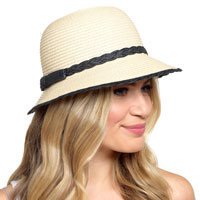 Ladies Straw Hat with Navy Trim and Bow