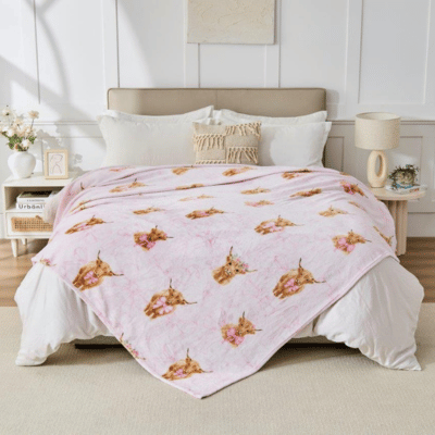 Fun Design Flannel Throw - Highland Cow With Bows 230cm x 230cm