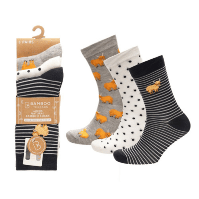 Ladies 3 Pack Bamboo Highland Cow Design Socks