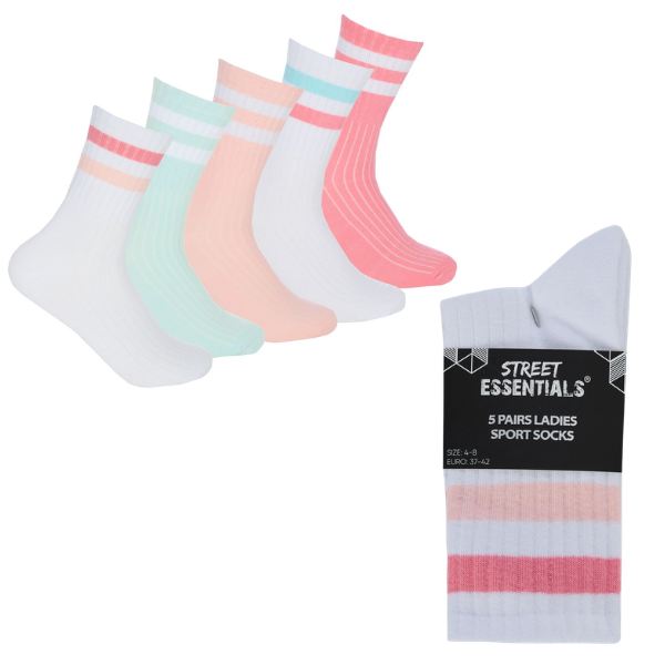 Ladies 5 Pack Stripe Top Sport Socks
