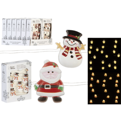 Snow White 20 LED String Battery Operated Lights - Santa & Snowman