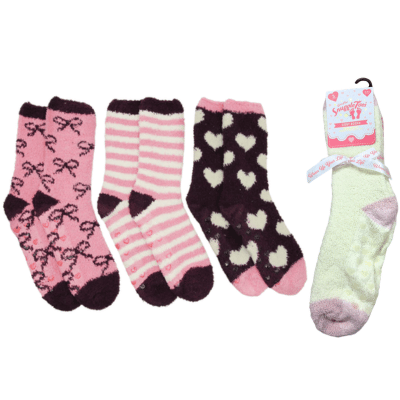Ladies 3 Pack Snuggle Toe Cosy Socks With Gripper - Bows & Stripes