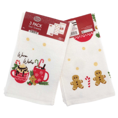 Warm Wishes Gingerbread Design 100% Cotton 3 Pack Velour Tea Towels
