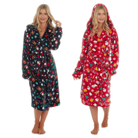 Unisex Christmas Print Hooded Dressing Gown Red & Navy