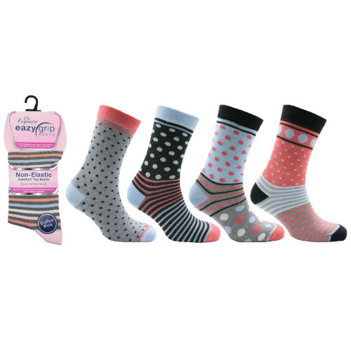 Ladies Eazy Grip Non Elastic Socks Spots And Stripe | Wholesale Socks ...