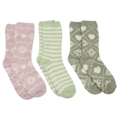 Ladies 3 Pack Snuggle Toe Cosy Socks With Gripper - Pastel Fairisle Designs