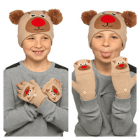 Kids Rudolph Design Hat and Mitten Set