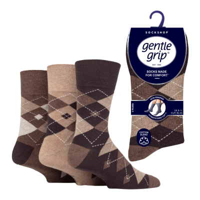 Mens Gentle Grip Socks Brown Argyle