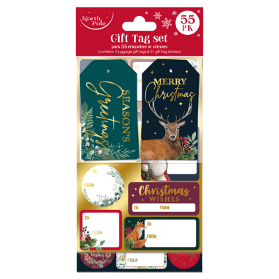 55 Pack Traditional Christmas Tag And Sticker Set