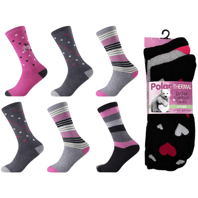Ladies Brushed 3 Pack Thermal Socks - Floral Stripes & Dots