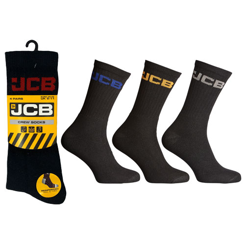JCB 4 Pack Mens Crew Socks Black