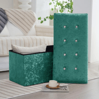 Velvet Cushioned Ottoman Storage Teal With Jewel