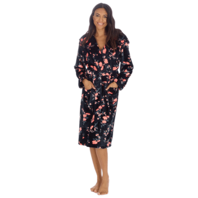 Ladies Floral Print Flannel Fleece Dressing Gown