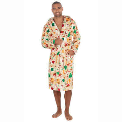 Adults Unisex Christmas Design Dressing Gown - Cream