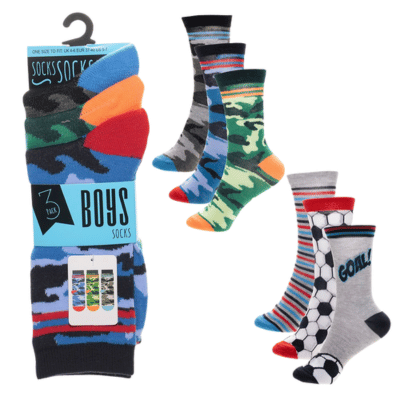 Boys 3 Pack Football & Camo Design Socks