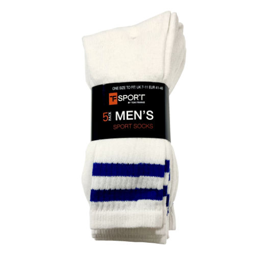 Mens 5 Pack White Sport Socks With Stripe