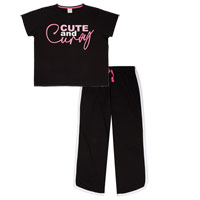 Ladies Curve Varsity Slogan Pants Set Black