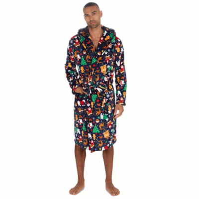 Adults Unisex Christmas Design Dressing Gown - Navy