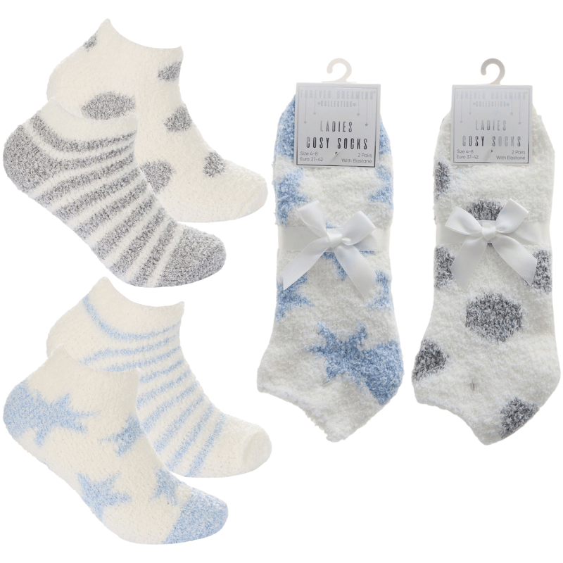 Ladies 2 Pack Stars/Spots Trainer Style Cosy Socks