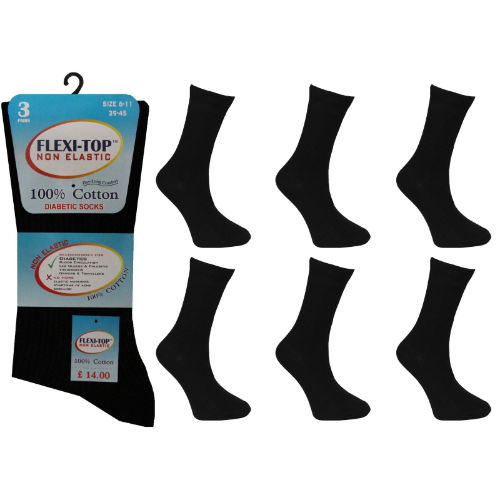 Mens Ribbed Flexi-Top Cotton Socks Black, Diabetic Socks, A&K Hosiery UK