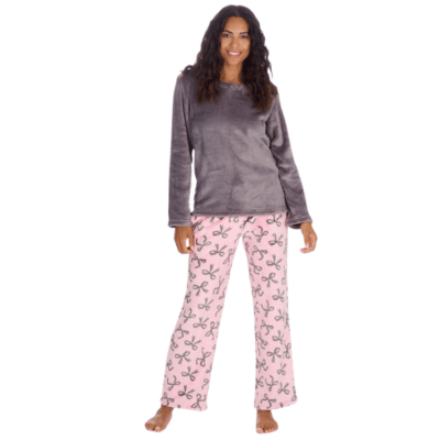 Ladies Printed Fleece Lounge Set - Charcoal Bow Design