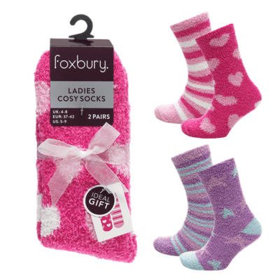 Ladies 2 Pack Cosy Socks Hearts & Stars
